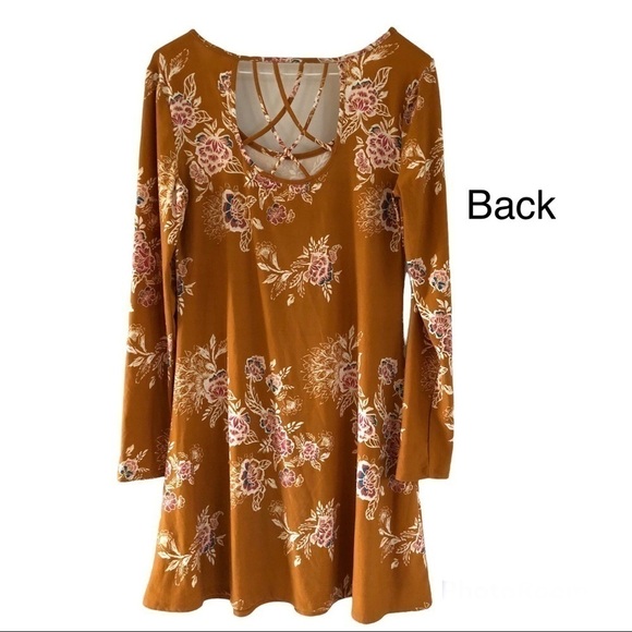 Mudd floral dress cut out back, long sleeve midi tunic dress. Mustard yellow M - Picture 3 of 7